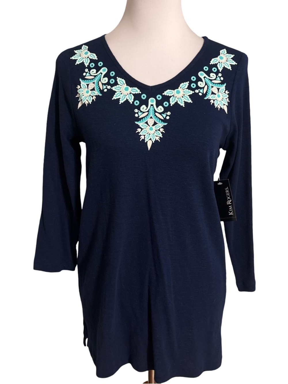 Kim Rogers Navy Tunic with Mint Floral Embroidery